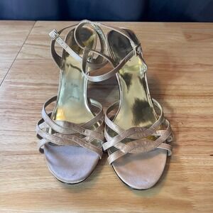 Jacqueline Ferrar Champagne Satin Strappy Heeled Sandals Women 10M 024-4700 Gold